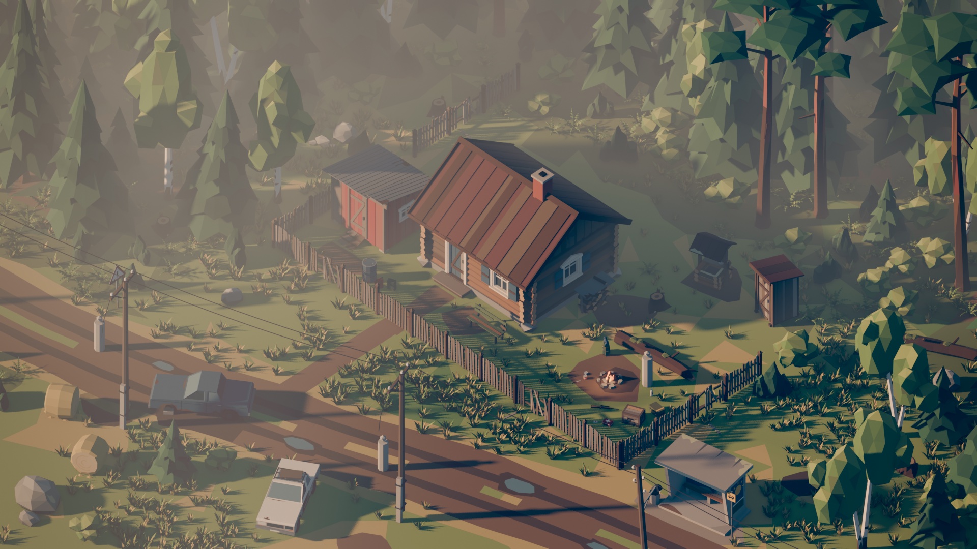 Sunstill development render of a wooden house and abandoned road in a rural summer landscape.